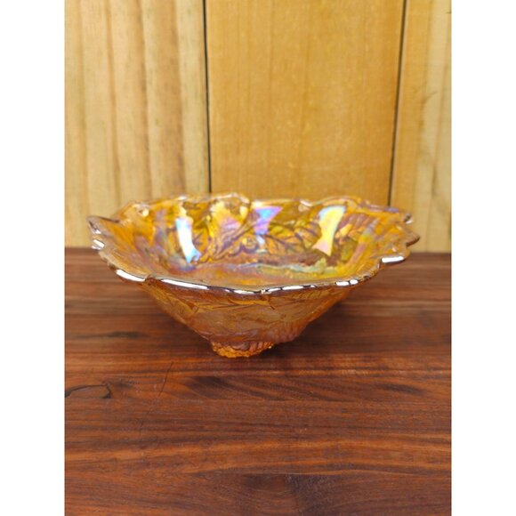 Vintage Carnival Glass Bowl With Embossed Leaf & Berry Design Amber Iridescent F - Picture 1 of 7